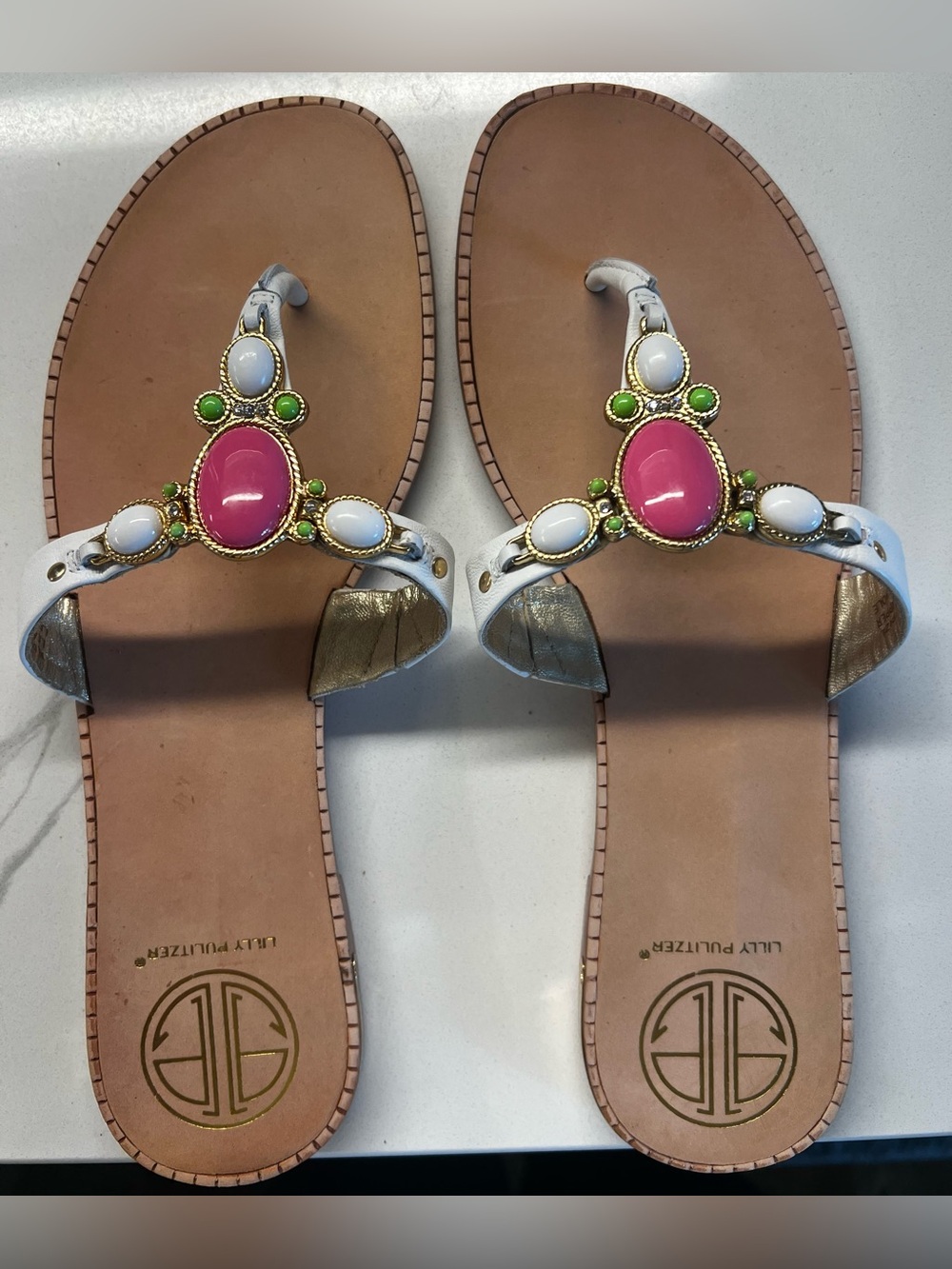 Lilly Pulitzer White Sandal with Pink, Green & White Gem Accents Size 9.5